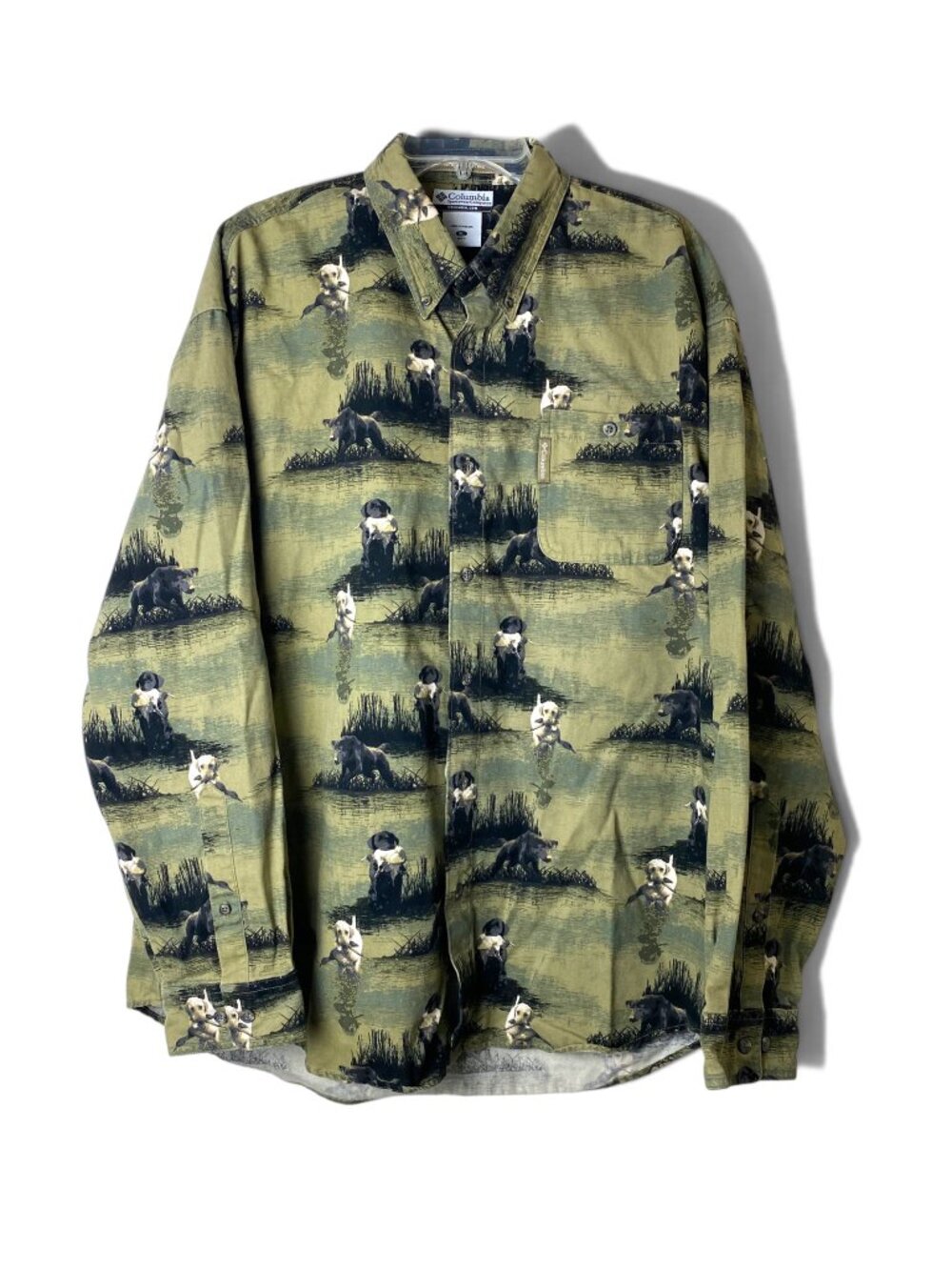 VTG Columbia River Lodge Shirt Bird Dogs AOP Green Black XL Labrador Retrievers